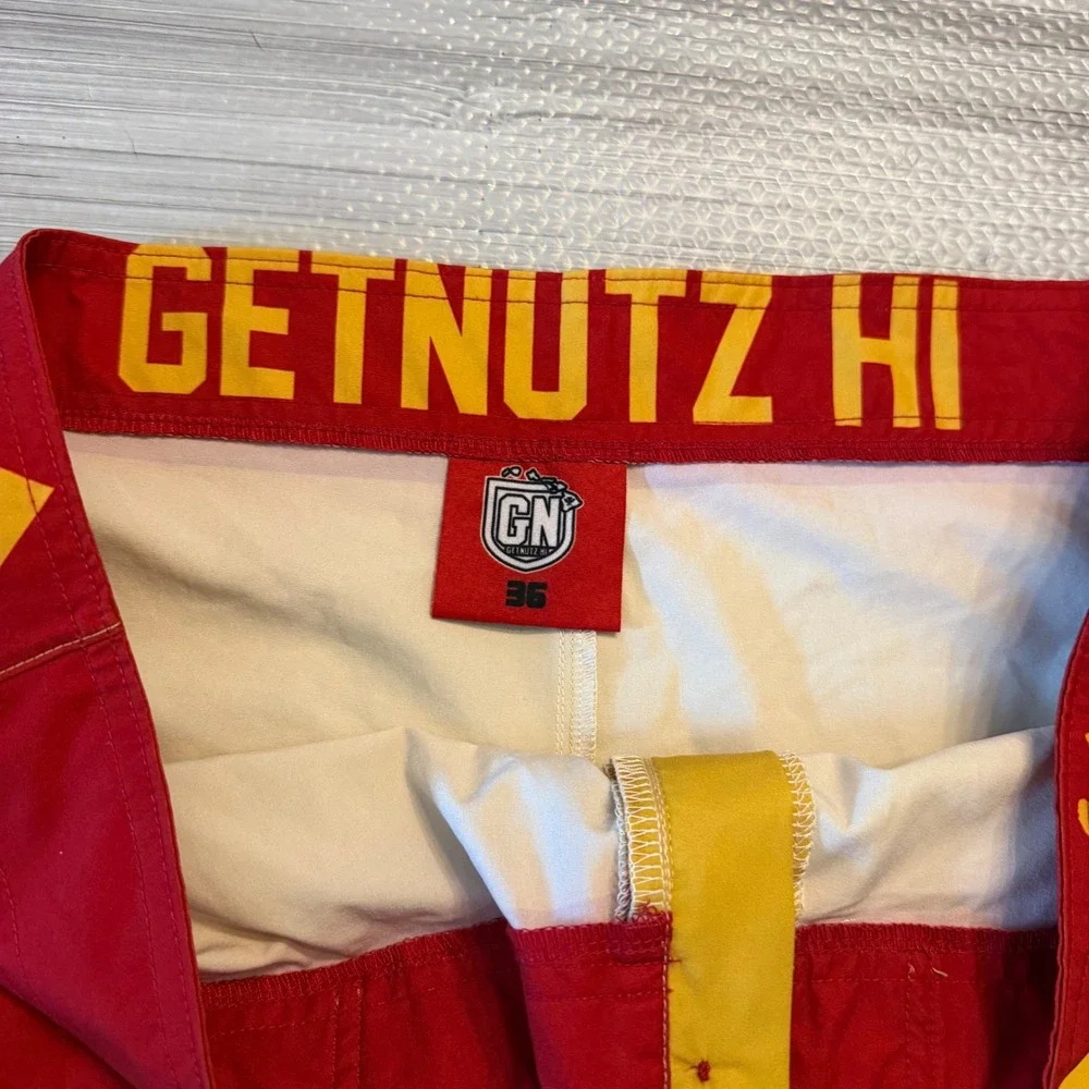 Getnutz HI Board Shorts Mens 36 Yellow Red Hawaii Graphic Surf Trunks Beachwear